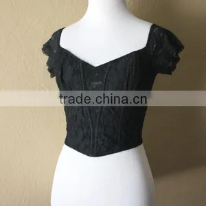 Hot Sexy Girl With Cap Sleeve Custom Black Lace Crop Top thumbnail-1