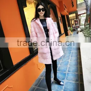 2016 New Autumn Winter Coat Women Faux Fur Coat Fake Rabbit Fur Jacket Casual Striped Loose Pink Long Coat thumbnail-2