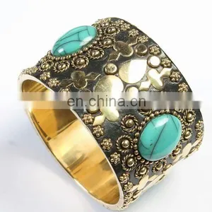 Vintage 1980s Brass & Turquoise Enamel Wide Bangle thumbnail-1