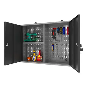 Steel Wall Storage Cabinets With 22 Hooks, for Garage Utility Room Basement, Black & Grey thumbnail-1