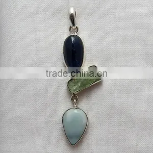 Artisan Kyanite & Prehnite & Larimar 925 Sterling Silver Pendant, Gemstone Silver Jewelry, Handmade Silver Jewelry thumbnail-5