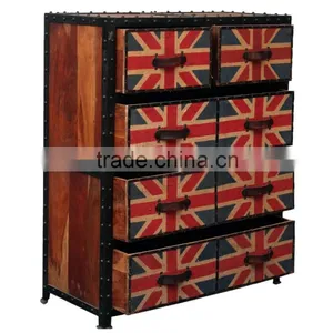 Popular Union Jack Design Industrial Drawer Cabinet, Vintage Style Metal Wooden Drawer Cabinet, Multi Drawer Living Room Cabinet thumbnail-1