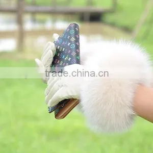 Top Luxury Fashion Desgin Beautiful Fox Fur Wrist Ladies Sheepskin Leather Gloves thumbnail-4