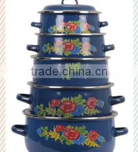 New Design Practical Blue Enamel Cookware Set Kitchenware Enamel Pot 5 Pcs Stock Belly Pot With Double Handle thumbnail-1