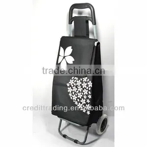 Portable Black Shopping Trolley Bag With White Flower thumbnail-1
