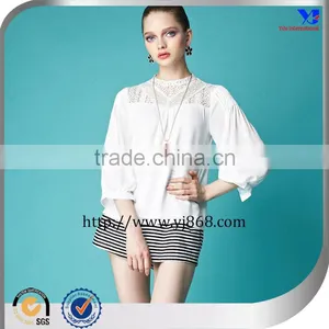 Long Sleeves White Lace Decoration Chiffon Style Blouse thumbnail-1