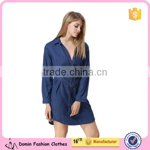 Fashionable Hot Sale Factory Price Long Sleeve With Waist Belt Women Denim Dress thumbnail-1