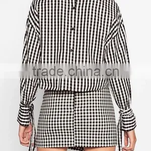 Runwaylover EY2333B Europe Style 2017 Women Fashion Flare Sleeve Plaid Blouse thumbnail-2