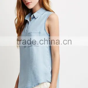 Fashion Sleeveless Lightweight Fabric Denim Shirt,collared Shirt With Patch Pocket thumbnail-4