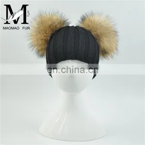 Wholesale Fashion Cheap Kids Knitted Hats Real Fur Two Poms Kids Hat Winter thumbnail-2
