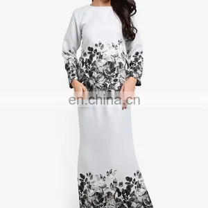 White Print Islamic Dress Plus Size Women Baju Kurung thumbnail-1