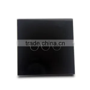 3 Gang Black Crystal Glass Panel Touch Wall Light Switch With Remote Control thumbnail-2