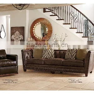 Tradition American Living Room Furniture Sectional Leather Sofa and Gold Round Mirror thumbnail-1