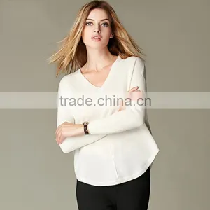 JS-12016 OEM Service V Neck and Elliptic Brim Women Pure Cashmere Pullover thumbnail-1