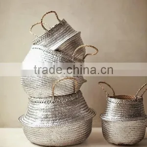 Metalic Silver Seagrass Basket/ Laundry Seagrass Storage Basket/ Decor Basket thumbnail-1