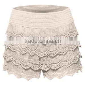 Women's Elastic Waist Lined Crochet Lace Scallop Hem Casual Mini Summer Shorts thumbnail-6