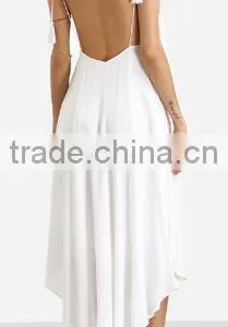2016 Beach Wear White Spaghetti Strap Tassel Backless Sleeveless V Neck Asymmetrical High Low Midi Dress thumbnail-2