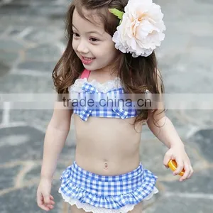 Gingham Swimsuit With Lace Trimming Little Girl Sling Swimwear Summer Bikini thumbnail-2