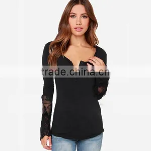Classical Black and White Solid Dovetail Split Net Yarn Splicing Knitting Slim Soft t Shirt Thin Women thumbnail-3