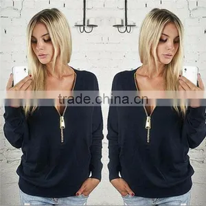 Sexy Deep V-neck Zipper Bat Sleeve Long Sleeve T-shirt Woman Who Dress Dress thumbnail-3