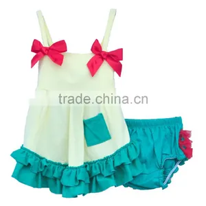 Wholesale Kids Clothes Sleeveless Baby Girls Outfits Red Bow Green Lace Trimmings Clothing Sets thumbnail-1