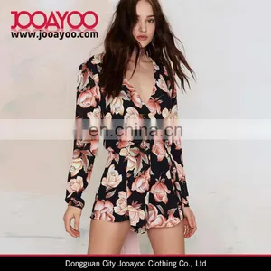 Women Floral Print Romper Suits Long Sleeve Rose Print Jumpsuit Short thumbnail-1