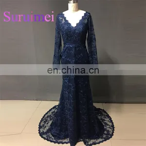 Navy Blue Prom Dresses Vestiods de Noiva Long Sleeves With Lace Evening Gowns thumbnail-1