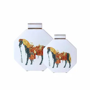 European Simple Style Hexagonal Cylinder Horse Painting Ceramic Flower Vase With Square Lid For Home Decoraration thumbnail-1