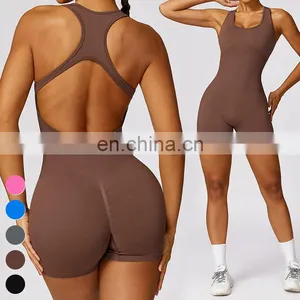 Sexy Hollow Out Back Sleeveless Bodysuit Short Sports Jumpsuit One Piece Gym Fitness Jumpsuits Seamless Yoga Jumpsuit For Women thumbnail-4