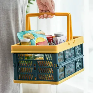 Collapsible Shopping Basket, Foldable Storage Containers, Plastic Stackable Picnic Basket With Handle thumbnail-4