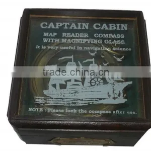 BRASS , GLASS, ANTIQUE LOOK COMPASS - GIFT COMPASS WITH WOOD BOX 13527 thumbnail-3