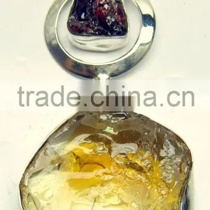 Citrine & Garnet Rough Gemstone Pendant, 925 Solid Sterling Silver Pendant, Designer Raw Bezel Pendant thumbnail-3
