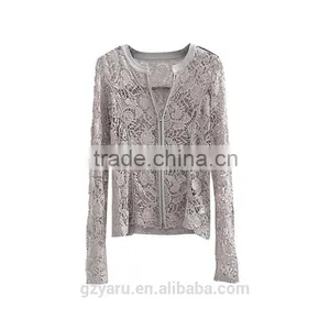 Fashion Lady Lace Fabric Hollow Out Long Sleeve Coat Tops With Zipper for Women thumbnail-5