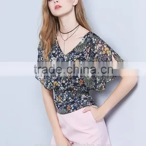 Latest Fashion Design Backless Chiffon V-neck Priting Slim Fit Shirts Ladies Tops thumbnail-3