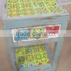 Natural 1 Drawer With Tile Fitting Wooden Bed Side Square Stool thumbnail-1