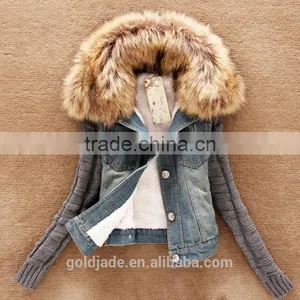 2016 Women Winter Removable Denim Parka Coat Wholesale Denim Jacket With Raccoon Fur Collar thumbnail-1