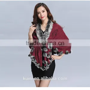 2016 New Design Woman Knitted Shawls With Rex Rabbit Fur Poms Figure Lady Cappa thumbnail-1