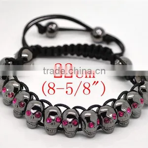 Fuchsia Rhinestone Halloween Skull Beads & Hematite Beads & Black Braiding Adjustable Bracelet 22cm-25cm thumbnail-1