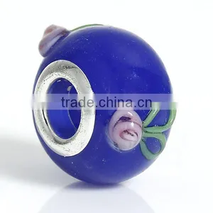 New Design Round Silver Plated Core Deep Blue Flower Pattern Enamel Lampwork Glass European Style Large Hole Charm Beads thumbnail-1