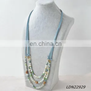 Bohemian Fashion Layered Light Blue Suede Necklace Amazonitel Stone Beaded Necklace thumbnail-2