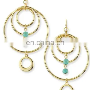 Tangier Hoops Earrings Gold Plate Circles Dangle Earrings Turquoise Earrings thumbnail-2