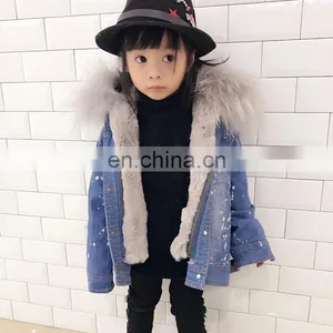 Fashion Casual Denim Jacket Raccoon Fur Collar Real Rabbit Fur Lining Cute Child Coat thumbnail-2