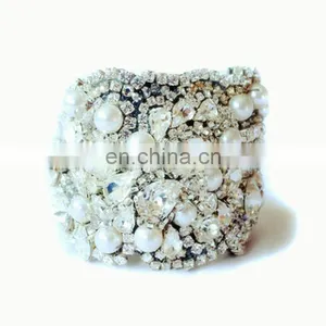 Aidocrystal Handmade Fashion Silver Full Rhinestone Pearl Bracelets White Wedding Wide Cuff Bangles thumbnail-1