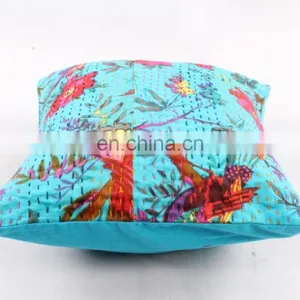 Hand Stitched Handmade Indian Green Bird Floral Design Cushion Cover Decorative Pillow Cover Handmade Kantha Cushion Cover thumbnail-3