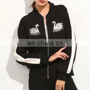 MIKA7139 White Striped Sleeve Swan Embroidered Bomber Jacket thumbnail-4