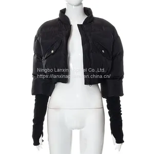 Womens CROPPED QUILTED PUFFER JACKET Thumb Hole Long Sleeve Sexy Casual Zip Up Winter Padding Short Bomber Coat thumbnail-3