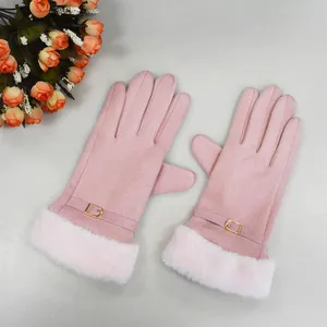 Thick Winter Warm Gloves Suede Gloves Mitten With Leather Fur thumbnail-1