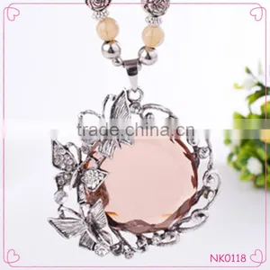 Fashion Jewelry Circle Shaped Crystal Pendant Necklace Beads Chain Long Necklace thumbnail-1