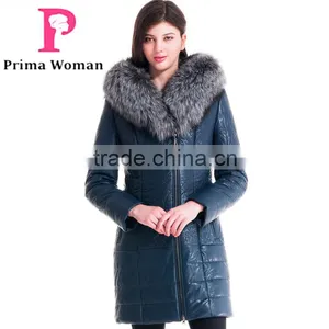 2015 Women Winter Leather Medium Length Slim Fit Coat With Brown Fox Hat Overcoat thumbnail-2