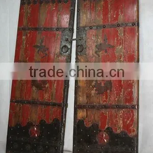 Chinese Antique Elm Wood Red Garden Door thumbnail-1
